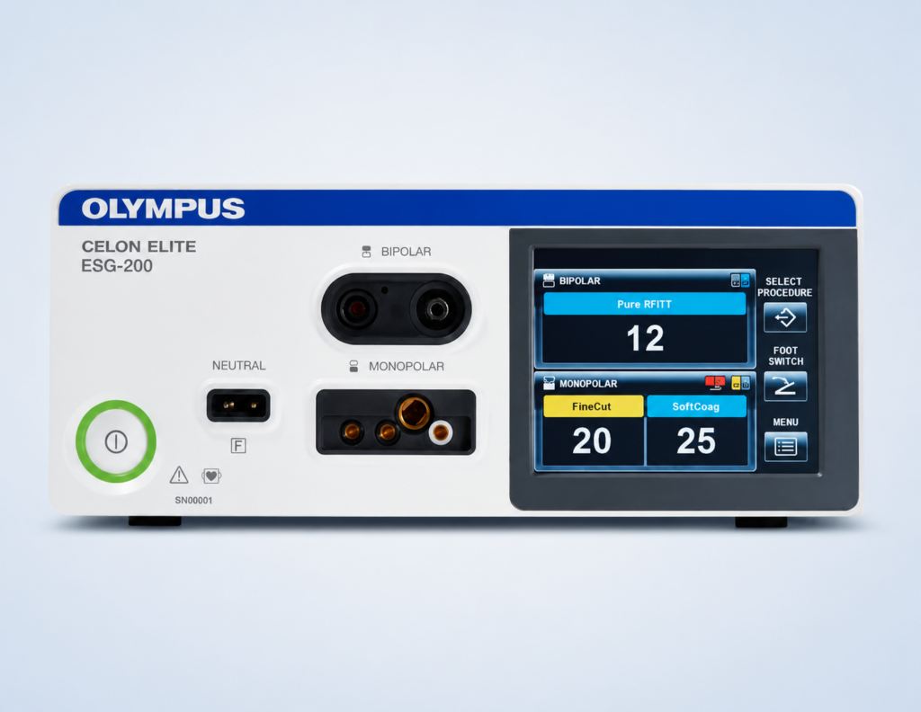 Generador CELON ELITE de Olympus para radiofrecuencia bipolar y electrocirugía ORL con tecnología RFITT y control inteligente de impedancia.