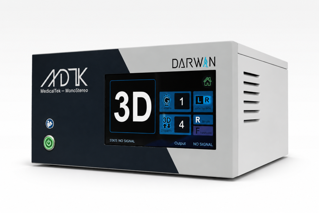 Unidad DARWIN 3D para conversión de imagen endoscópica 2D a visualización tridimensional en tiempo real compatible con endoscopia rígida y flexible.