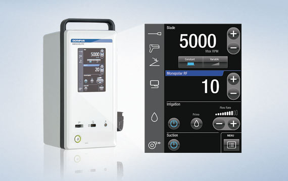 Consola DIEGO ELITE de Olympus con pantalla táctil intuitiva, reconocimiento automático de cuchillas y control de corte, irrigación, aspiración y radiofrecuencia.